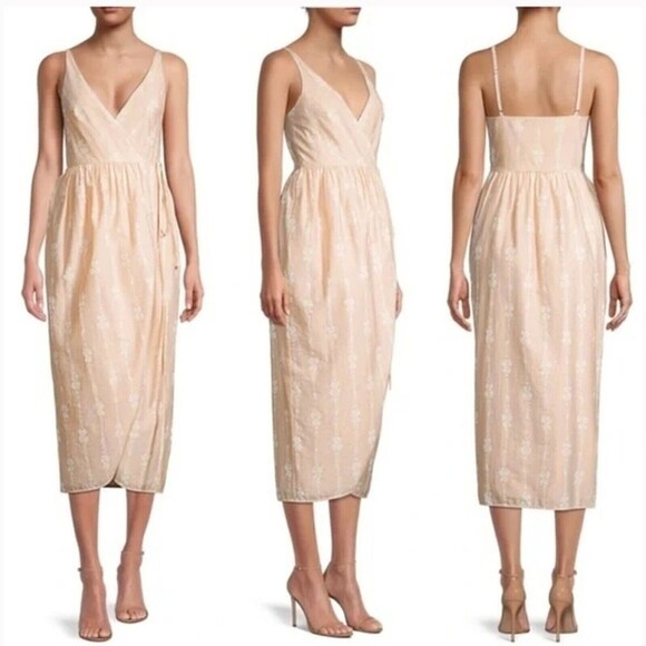 Rebecca Taylor Dress Womens 10 Biege Tulip Wrap Marzipan Combo Midi V Neck - Picture 2 of 10